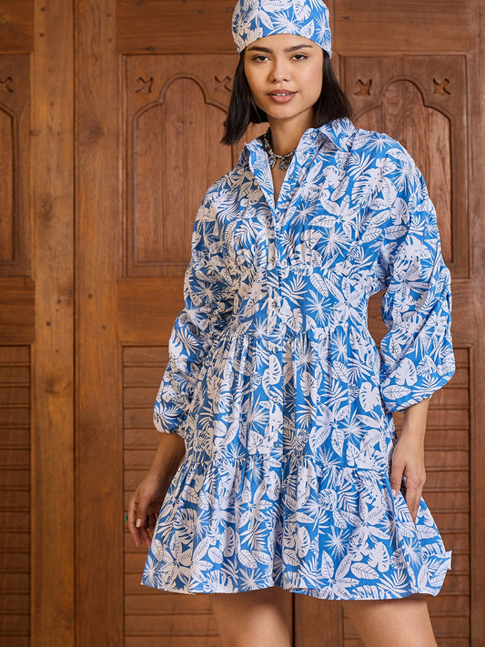 Women Blue &White Floral Ruched Sleeves Short Dress