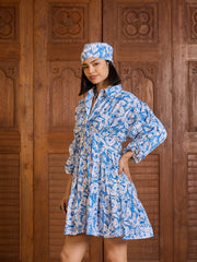 Women Blue &White Floral Ruched Sleeves Short Dress