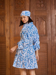 Women Blue &White Floral Ruched Sleeves Short Dress