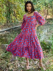 Women Red & Blue Floral Back Tie Knot Midi Dress
