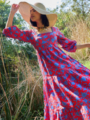 Women Red & Blue Floral Back Tie Knot Midi Dress