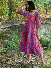 Women Red & Blue Floral Back Tie Knot Midi Dress