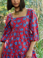 Women Red & Blue Floral Back Tie Knot Midi Dress