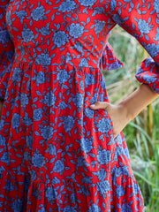 Women Red & Blue Floral Back Tie Knot Midi Dress