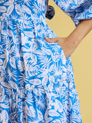 Women Blue & White Floral Back Tie Knot Midi Dress