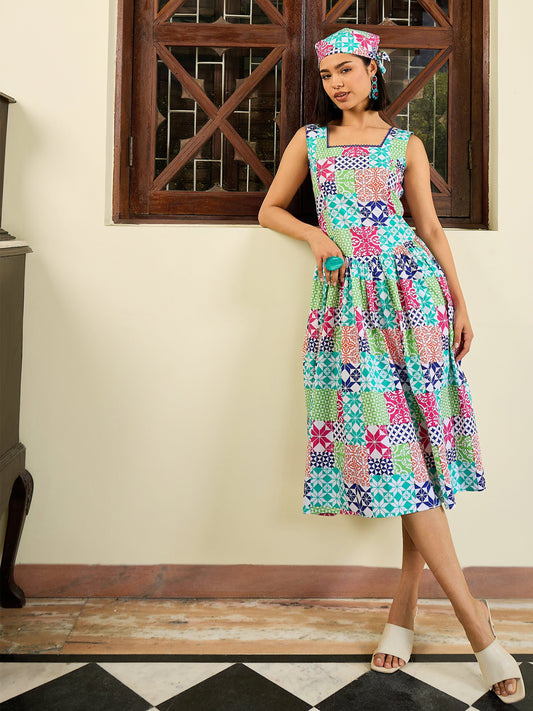 Women White Multi Geometric Drop Waist Midi Dress