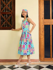 Women White Multi Geometric Drop Waist Midi Dress