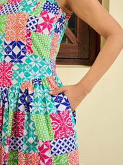 Women White Multi Geometric Drop Waist Midi Dress