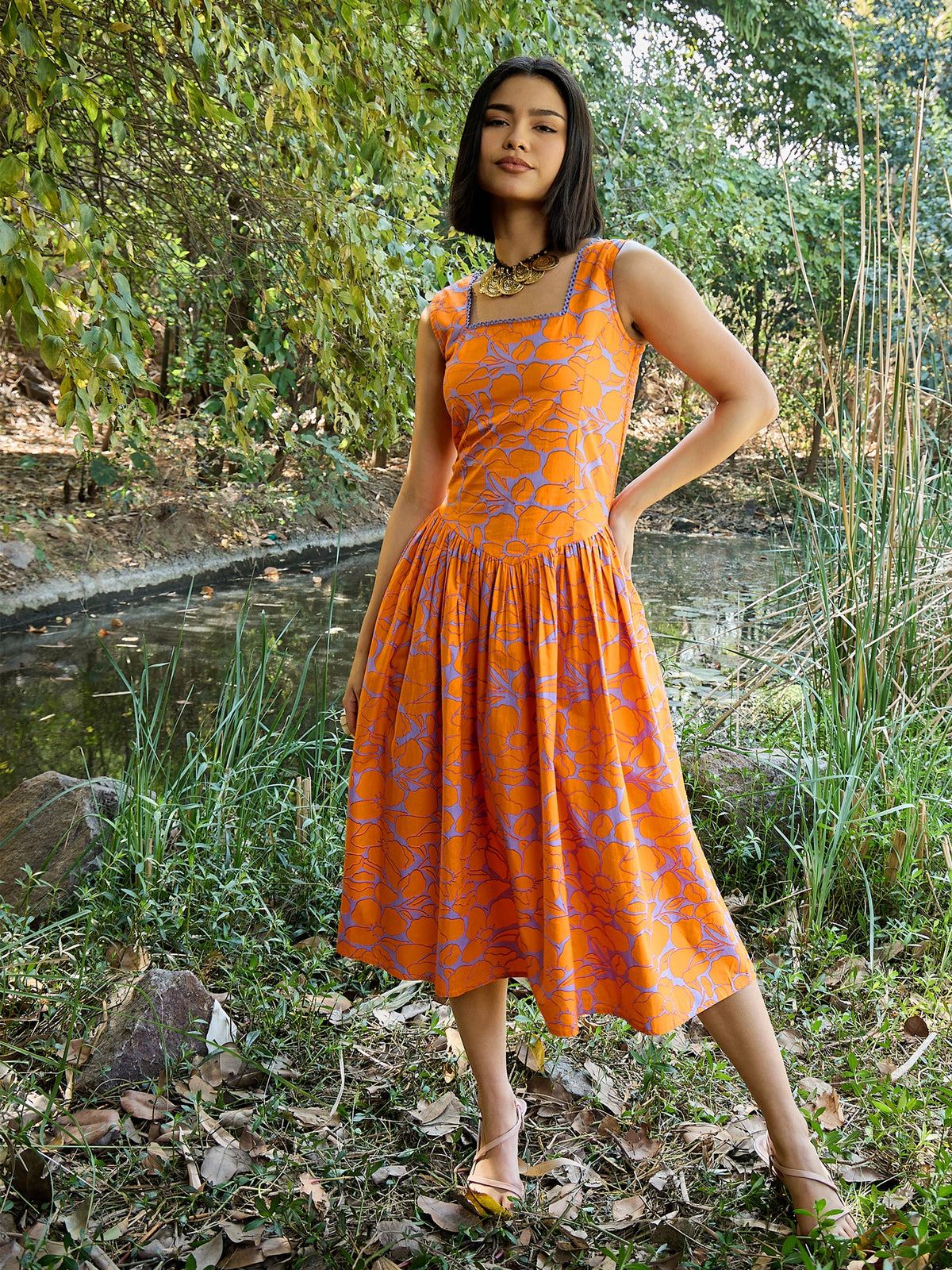Women Grey & Orange Floral Drop Waist Midi Dress