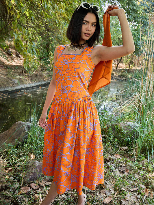 Women Grey & Orange Floral Drop Waist Midi Dress