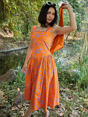 Women Grey & Orange Floral Drop Waist Midi Dress