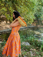 Women Grey & Orange Floral Drop Waist Midi Dress