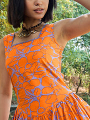 Women Grey & Orange Floral Drop Waist Midi Dress