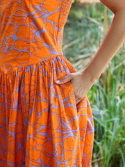 Women Grey & Orange Floral Drop Waist Midi Dress