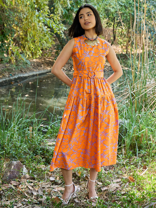 Women Grey & Orange Floral Tiered Midi Dress