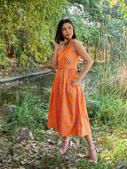 Women Grey & Orange Floral Tiered Midi Dress