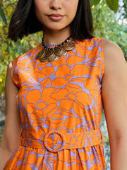 Women Grey & Orange Floral Tiered Midi Dress