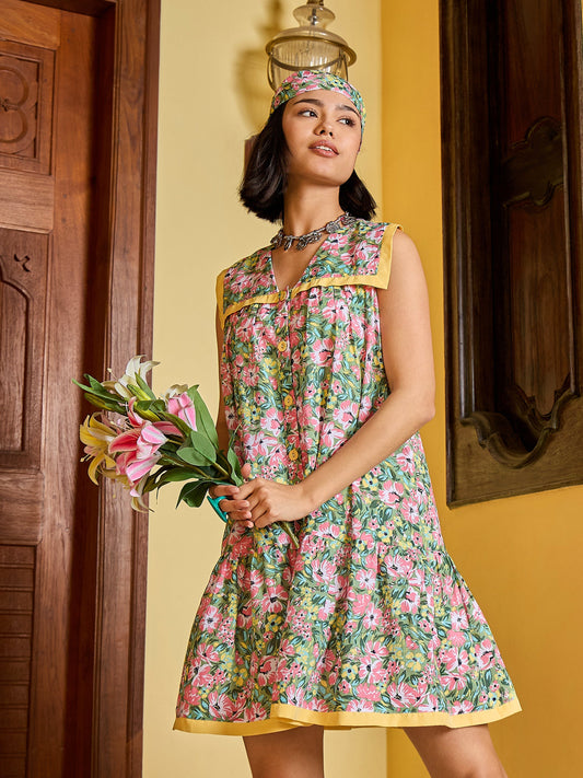 Women Green Floral V-Neck Button Down Short Dress