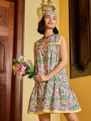 Women Green Floral V-Neck Button Down Short Dress