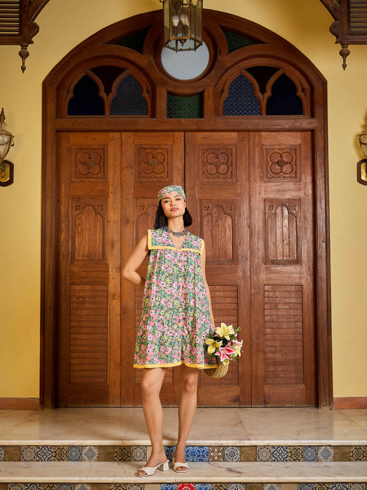 Women Green Floral V-Neck Button Down Short Dress