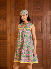 Women Green Floral V-Neck Button Down Short Dress