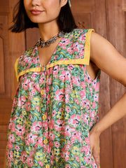 Women Green Floral V-Neck Button Down Short Dress