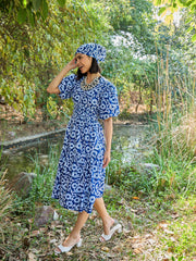 Women Blue & White V-Neck Puff Sleeves Midi Dress