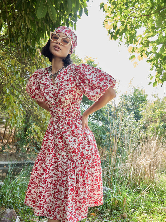 Women White & Red V-Neck Puff Sleeves Midi Dress