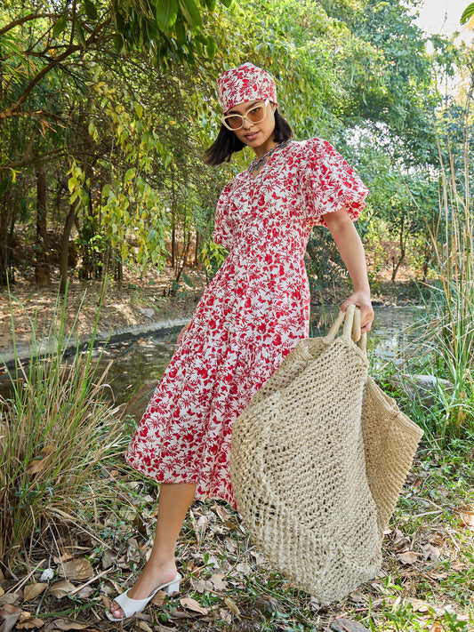 Women White & Red V-Neck Puff Sleeves Midi Dress
