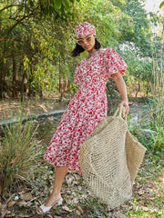 Women White & Red V-Neck Puff Sleeves Midi Dress