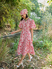 Women White & Red V-Neck Puff Sleeves Midi Dress