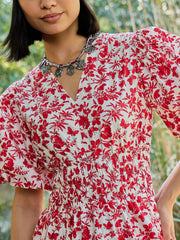 Women White & Red V-Neck Puff Sleeves Midi Dress