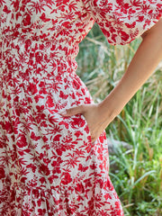 Women White & Red V-Neck Puff Sleeves Midi Dress
