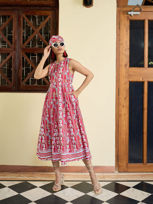 Women Red Floral Round Neck Sleeveless Midi Dress