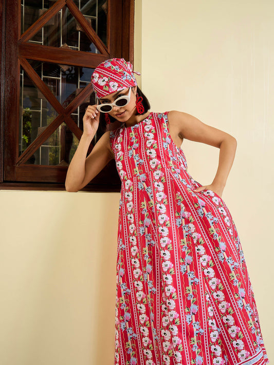 Women Red Floral Round Neck Sleeveless Midi Dress