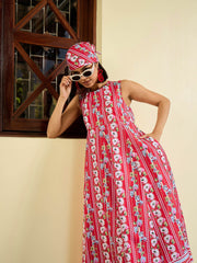 Women Red Floral Round Neck Sleeveless Midi Dress