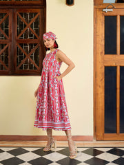 Women Red Floral Round Neck Sleeveless Midi Dress