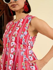Women Red Floral Round Neck Sleeveless Midi Dress