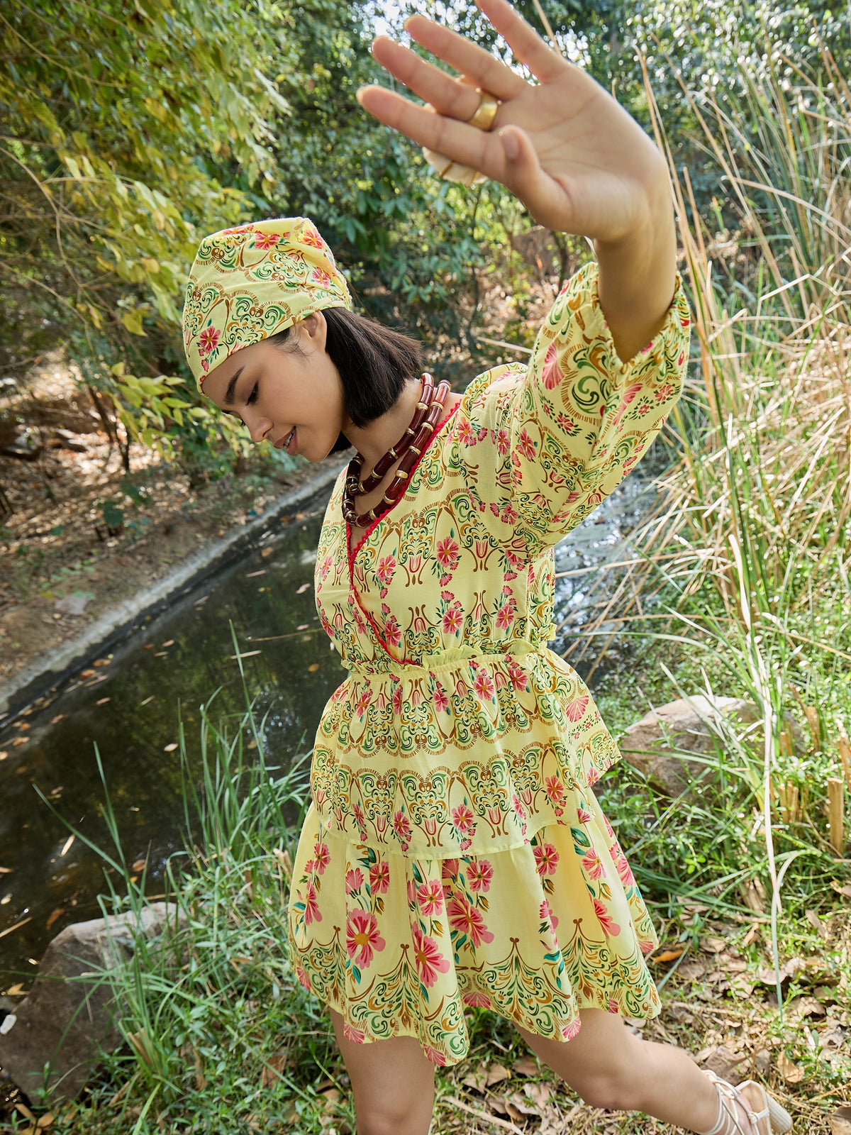 Women Yellow Floral Wrap Neck Short Dress