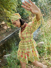 Women Yellow Floral Wrap Neck Short Dress