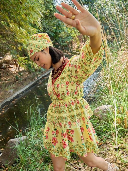 Women Yellow Floral Wrap Neck Short Dress