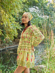 Women Yellow Floral Wrap Neck Short Dress