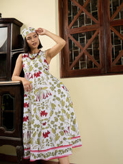 Women White Floral Round Neck Sleeveless Midi Dress