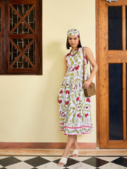 Women White Floral Round Neck Sleeveless Midi Dress