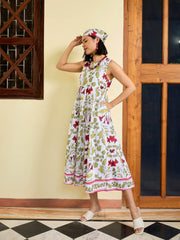Women White Floral Round Neck Sleeveless Midi Dress