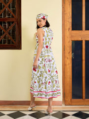 Women White Floral Round Neck Sleeveless Midi Dress