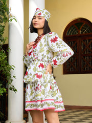 Women White Floral Wrap Neck Short Dress