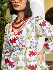 Women White Floral Wrap Neck Short Dress