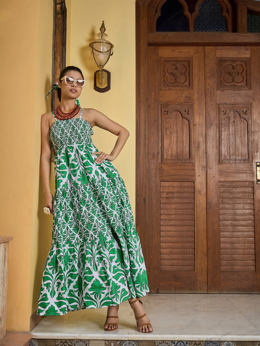 Women Green & White Smocked Strappy Maxi Dress