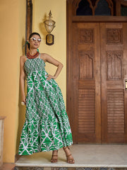 Women Green & White Smocked Strappy Maxi Dress
